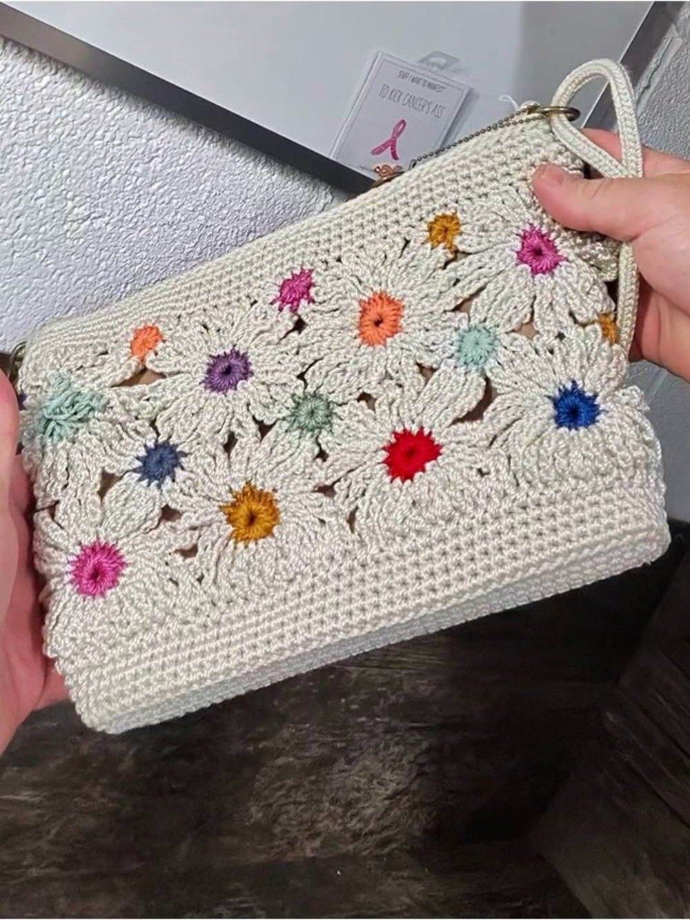 The Sak Cream Crochet Wristlet with Multicolor Floral Embroidery